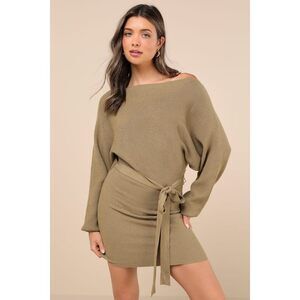 Lulus Modern Comfort Olive Green Dolman Sleeve Mini Sweater Dress - Size XL
